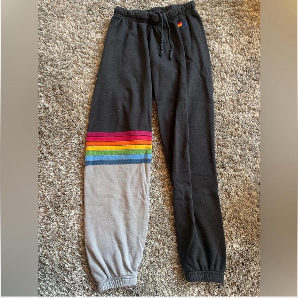 Aviator Nation | Two Tone Gray Black Rainbow Stripe Sweatpants